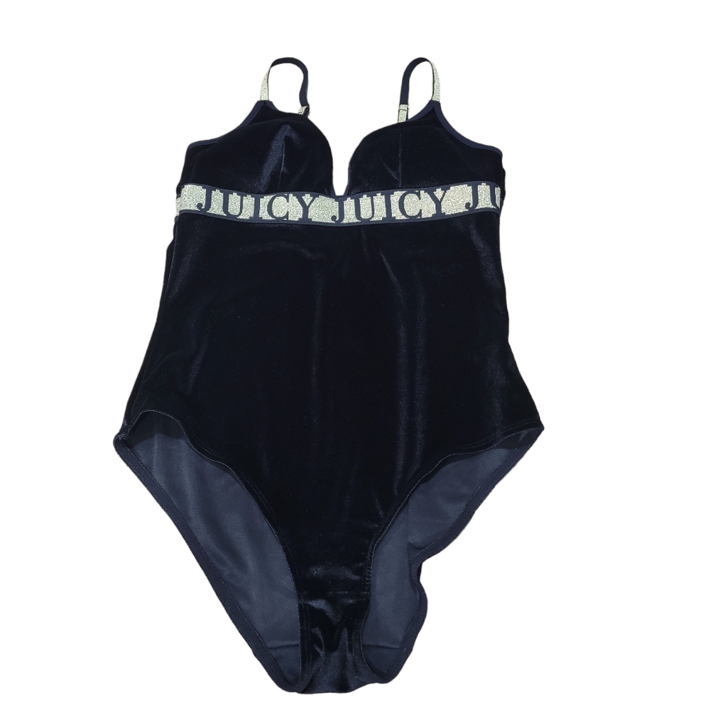 Juicy Couture Intimates Navy Blue Velvet Bodysuit Glitter Logo‎ Band Size L